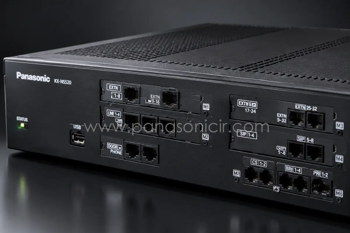 نمای پنل جلویی و درگاه‌های کارت خطوط شهری و داخلی سانترال KX-NS520
