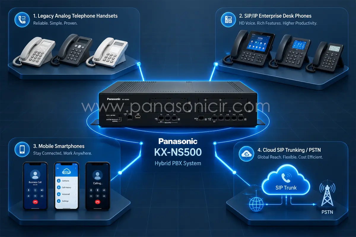  معماری سیستم هایبرید سانترال KX-NS500 در اتصال داخلی‌های آنالوگ، دیجیتال و IP