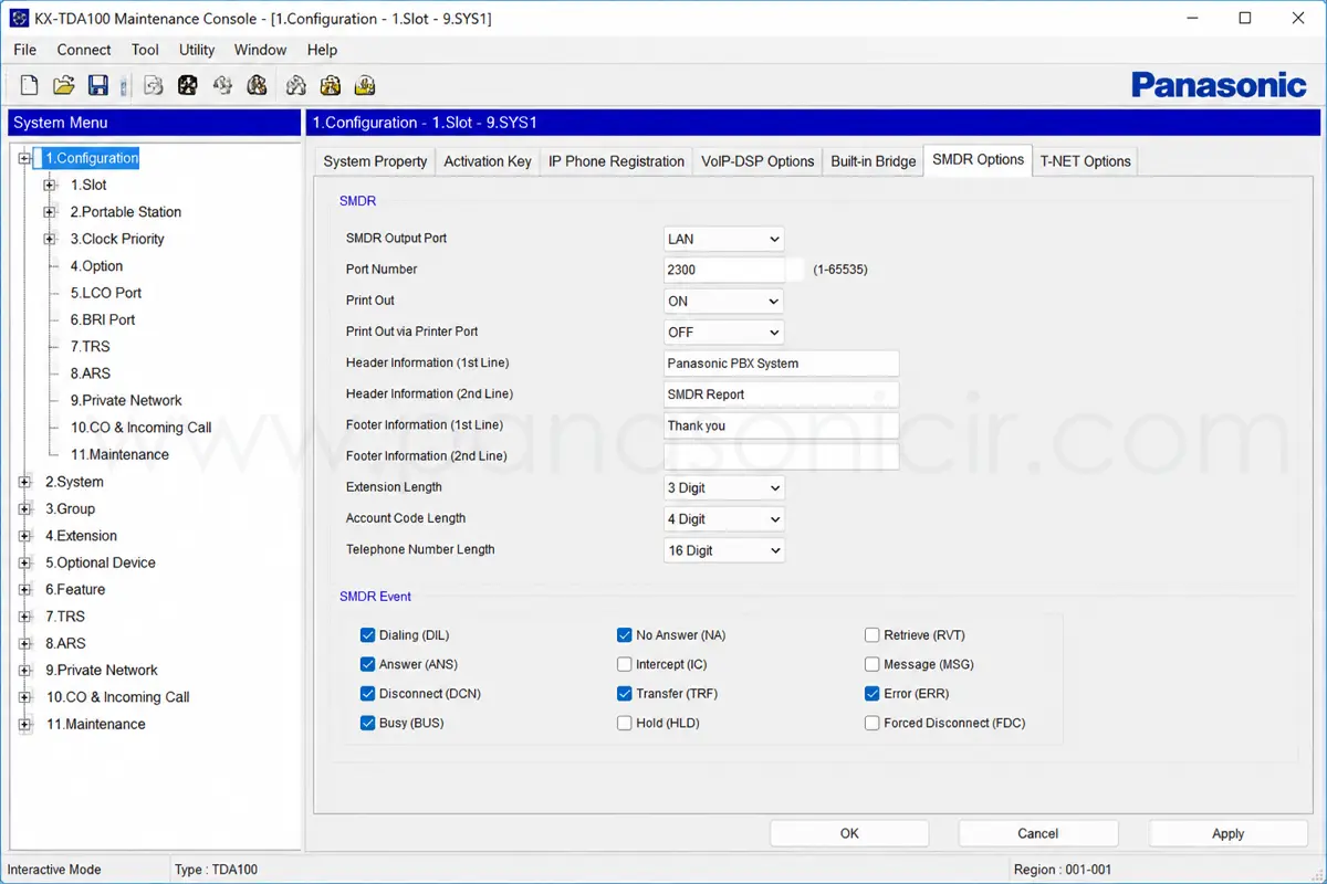 تنظیمات پورت LAN و SMDR در نرم افزار Panasonic Maintenance Console